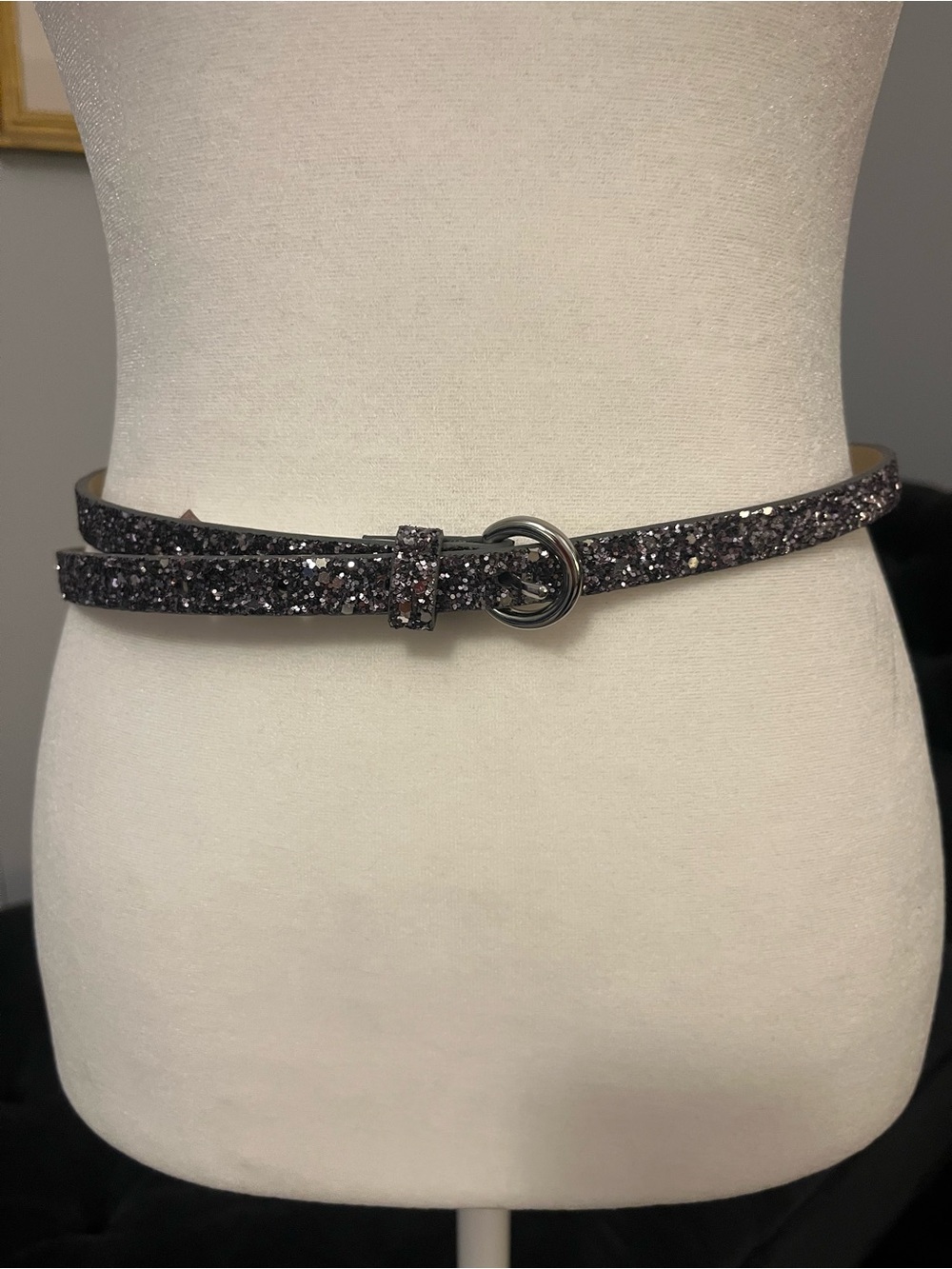 Ann Taylor Graphite Black Glitter Belt with Round Buckle